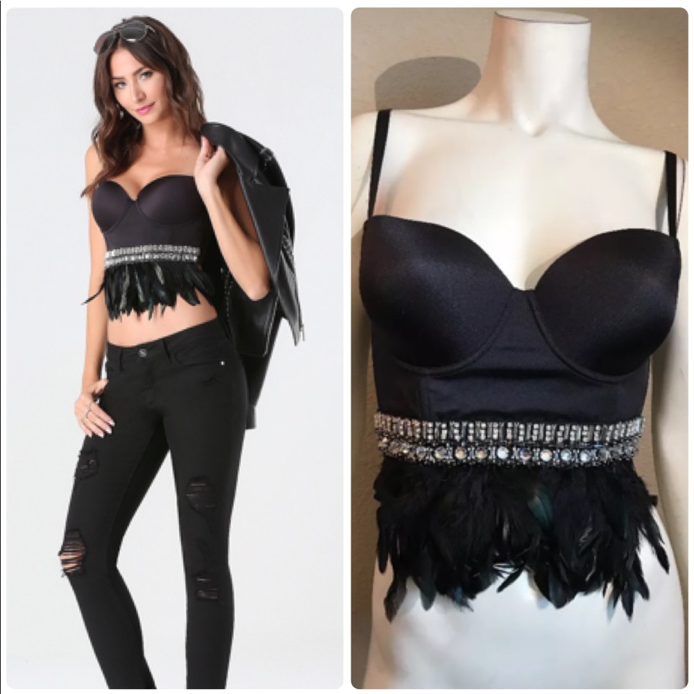 bebe Black Feather Trim Embellished Bustier Bra